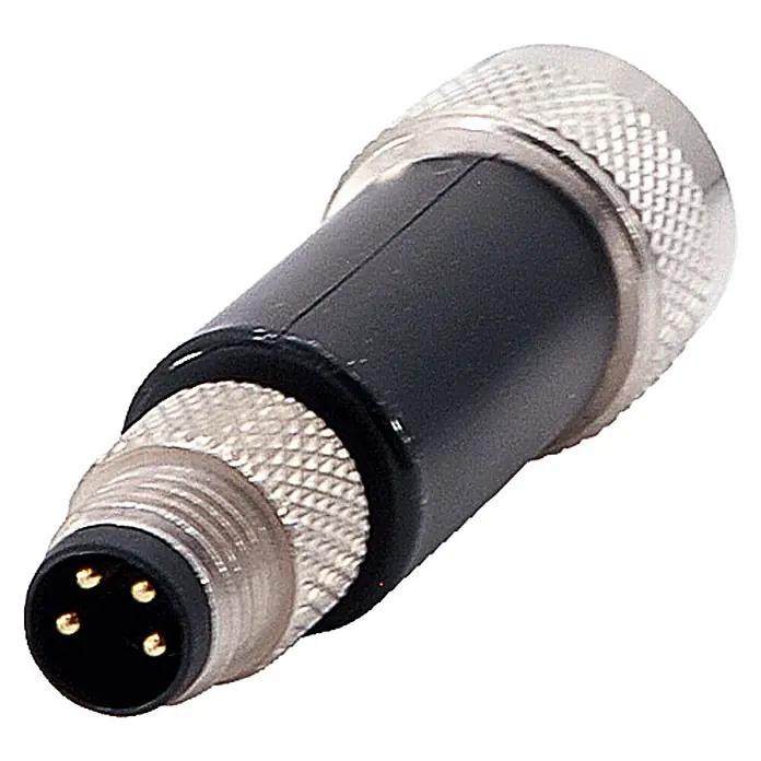 Phoenix Contact M8/M12 Adapter 1xStift/1xBuchse gerade 4/4-pol. A-Kodierung -  - Schwarzer 4-poliger M8/M12-Stecker mit silbernen Rändelmuttern.