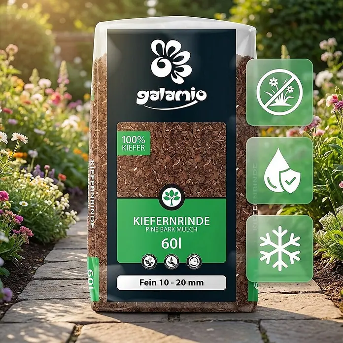 Rindenmulch Kiefer Fein 60l -  - Galamio Kiefernrinden-Mulch, fein 10-20mm, braun, im Garten.
