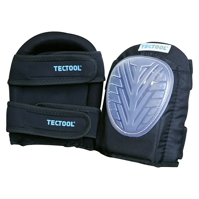 Berg Tectool Knieschoner Profi - Gel-Schaumstoffeinlage, 1 Stk. - Ein Paar schwarze Tectool Knieschoner mit verstellbaren Riemen und einer blauen Kunststoffkappe für zusätzlichen Schutz.