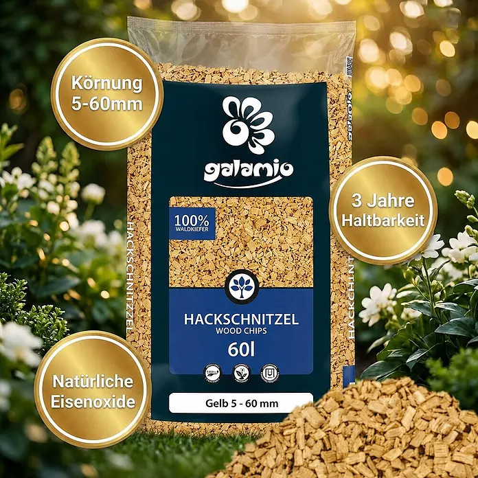 Hackschnitzel Holzdekor Gelb 5-60 mm 60l -  - Galamio Hackschnitzel, 60l, aus 100% Waldkiefer, Körnung 5-60mm.