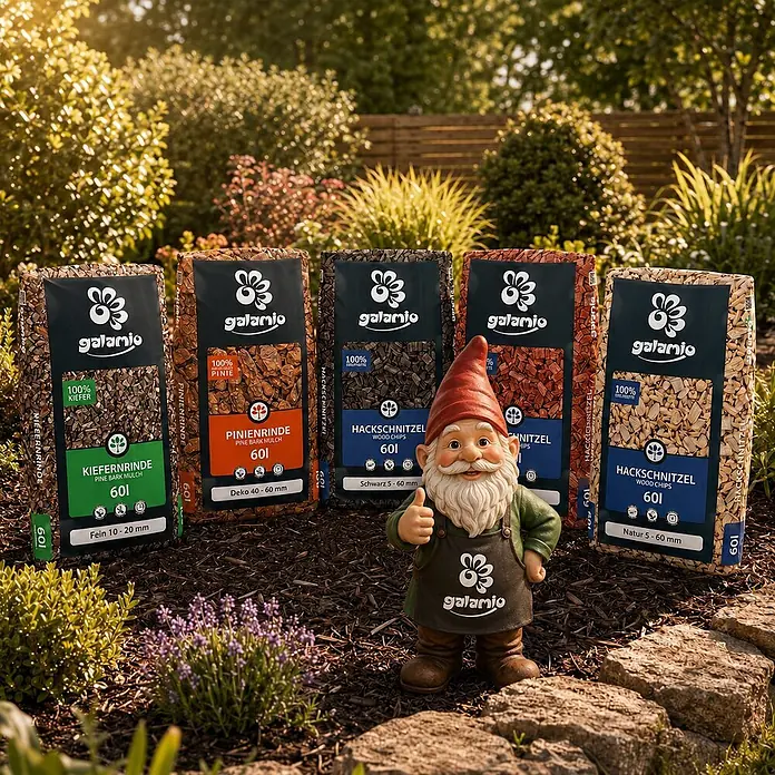 Hackschnitzel Holzdekor Natur 5-60 mm 60l x 12 Sack 720l 12er Palette -  - Galamio Rindenmulch (Kiefer, fein) und Hackschnitzel (schwarz, natur) in Säcken, im Garten arrangiert. Ein Gartenzwerg steht bei den Produkten.