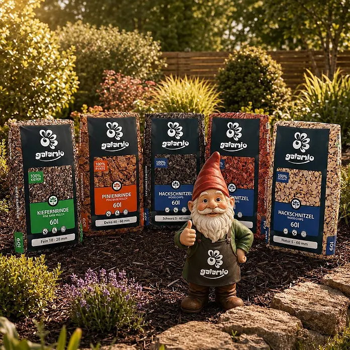 Hackschnitzel Holzdekor Braun 5-60 mm 60l -  - Fünf Säcke galamio Pinienrinde und Hackschnitzel in diversen Farben und Größen, präsentiert in einem Garten mit Gartenzwerg.