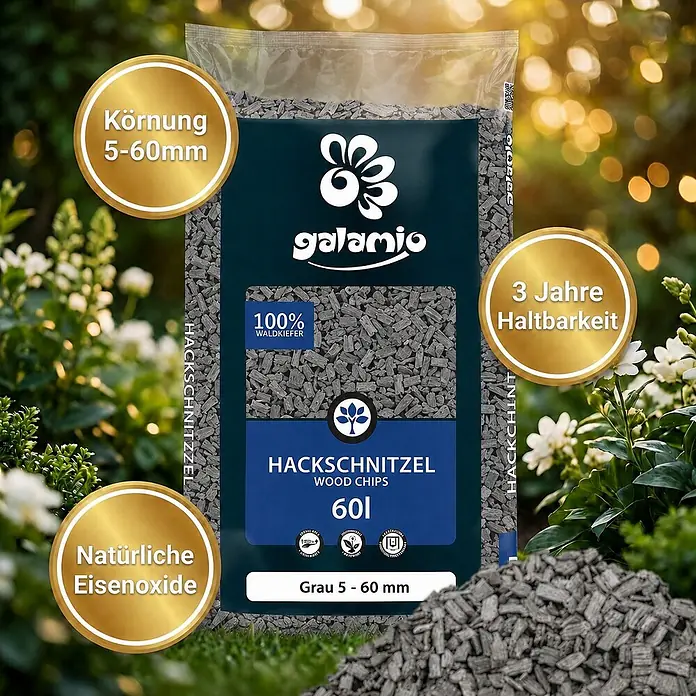Hackschnitzel Holzdekor Grau 5-60 mm 60l -  - Sack mit grauen galamio Hackschnitzeln aus 100% Waldkiefer, 5-60mm Körnung, ideal für den Garten. 3 Jahre haltbar.