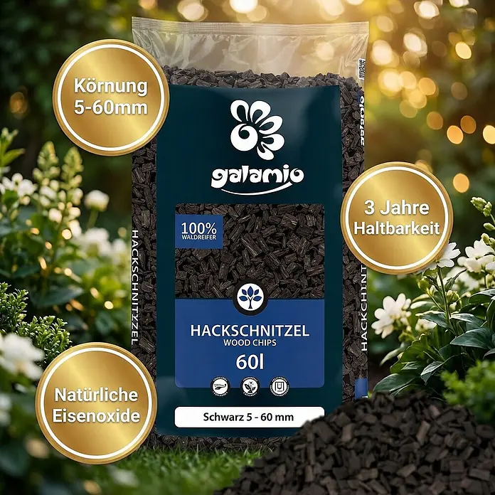 Hackschnitzel Holzdekor Schwarz 5-60 mm 60l x 39 Sack 2340l Palette -  - Galamio schwarze Hackschnitzel im Beutel, 5-60mm, für den Garten. Mit natürlichen Eisenoxiden für 3 Jahre Haltbarkeit.