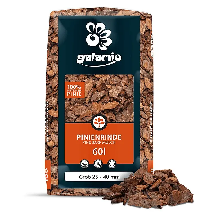 Rindenmulch Pinie Grob 25-40 mm 60l x 12 Sack 720l 12er Palette -  - Ein Sack Galamio Pinienrinde Mulch, 60l, grob 25-40 mm.