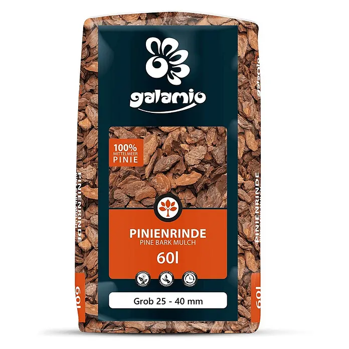 Rindenmulch Pinie Grob 25-40 mm 60l x 12 Sack 720l 12er Palette -  - Galamio 60L Sack 100% Mittelmeer Pinienrinde, grob 25-40mm, für Unkrautverhinderung und Feuchtigkeitsschutz.