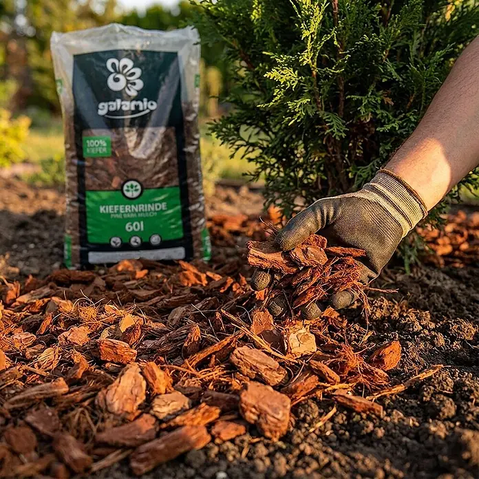 Rindenmulch Kiefer Fein 60l -  - Eine behandschuhte Hand verteilt braunen Pinienrindenmulch aus einem Sack um eine grüne Pflanze im Garten.