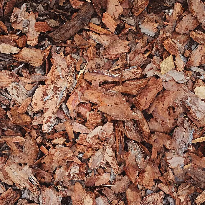Rindenmulch Kiefer Mittel 60l -  - Nahaufnahme von natürlichem Rindenmulch in verschiedenen Braun- und Rotbrauntönen, ideal für den Garten.