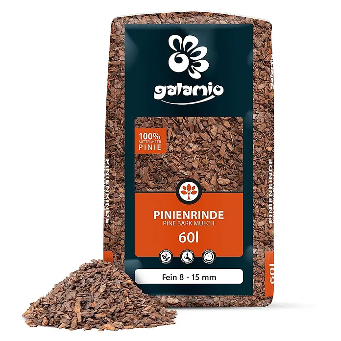 Rindenmulch Pinie Fein 8-15 mm 60l -  - Galamio Mittelmeer Pinienrinde Mulch, fein 8-15mm, 60L Sack, mit verschütteter Rinde.