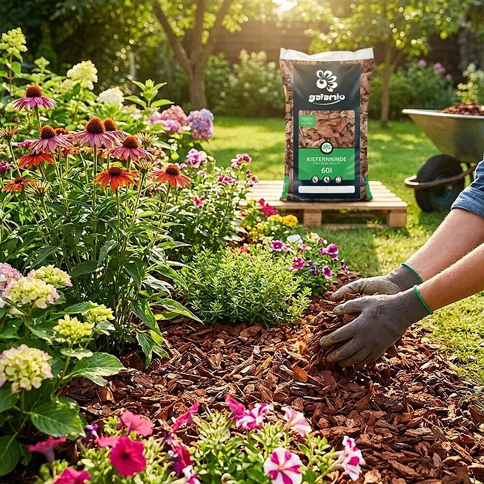 Rindenmulch Kiefer Fein 60l -  - Behandschuhte Hände verteilen braunen Kiefernrindenmulch in einem Garten, daneben ein großer Sack galarnio KIEFERNRINDE auf einer Palette.