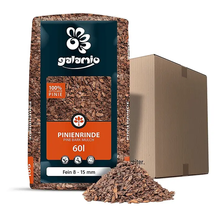 Rindenmulch Pinie Fein 8-15 mm 60l -  - Galamio 60L Beutel mit feinem Pinienrindenmulch (8-15mm), einem Haufen losem Mulch und einem braunen Karton.
