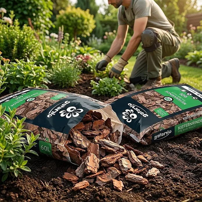 Rindenmulch Kiefer Fein 60l -  - Zwei offene Säcke mit brauner Pinienrinde ergießen sich auf Gartenerde, im Hintergrund arbeitet ein Gärtner.
