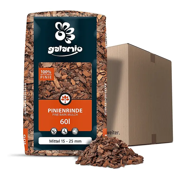 Rindenmulch Pinie Mittel 15-25 mm 60l -  - Galamio Pinienrindenmulch in einem Beutel und ein Haufen mittelgroßer brauner Rinde (15-25mm).