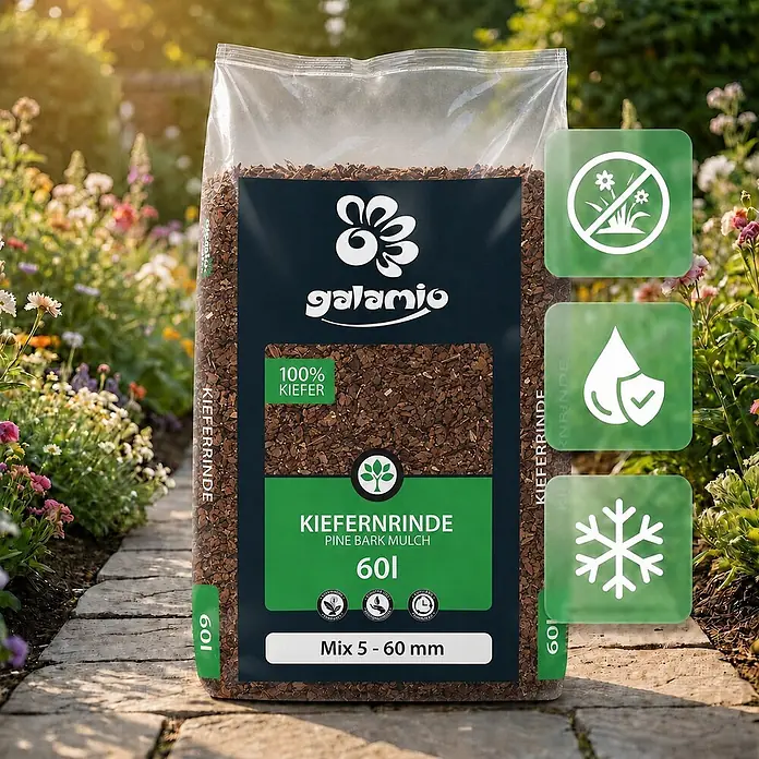 Rindenmulch Kiefer Mix 60l x 12 Sack 720l 12er Palette -  - Packung Galamio Kiefernrinde (5-60mm Mix) auf Gartenweg, mit Vorteilen wie Unkrautkontrolle, Feuchtigkeitsspeicherung und Frostschutz abgebildet.