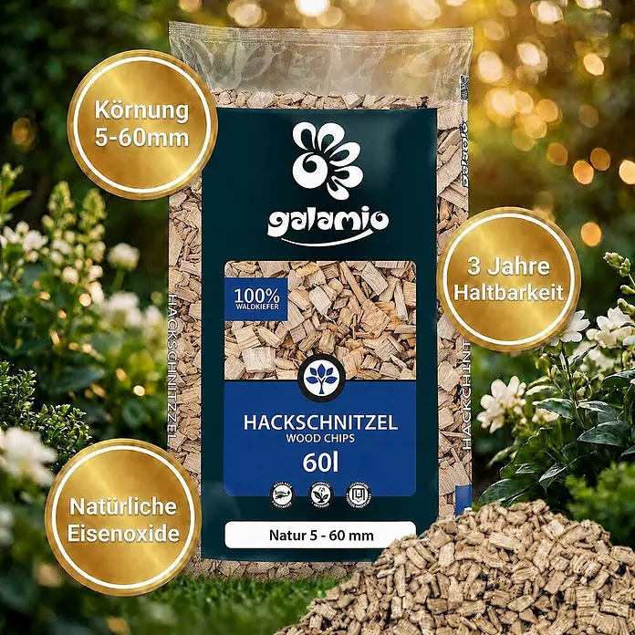 Hackschnitzel Holzdekor Natur 5-60 mm 60l x 12 Sack 720l 12er Palette -  - Sack mit hellbraunen Waldkiefer-Hackschnitzeln (5-60mm Körnung) in Gartenumgebung.