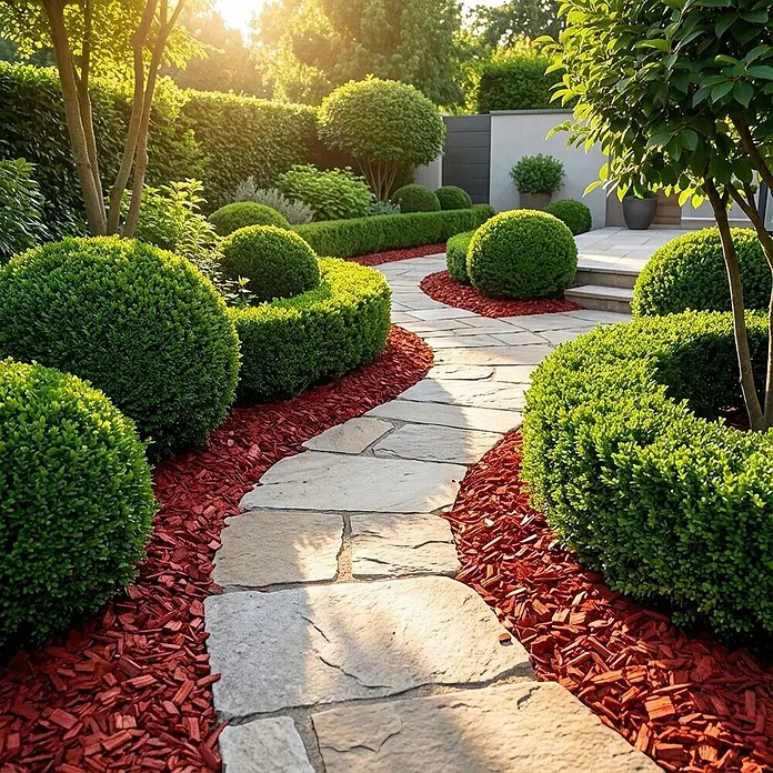 Hackschnitzel Holzdekor Rot 5-60 mm 60l -  - Gewundener Gartenweg aus Natursteinplatten, gesäumt von grünen Sträuchern und rotem Rindenmulch, im Sonnenlicht.