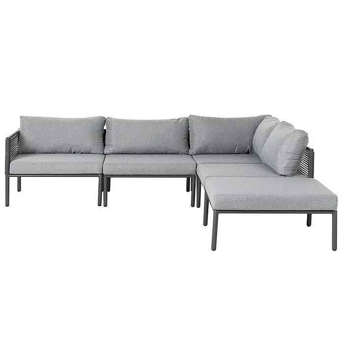 2-tlg Lounge Set FORANO in Grau/Schwarz -  - Graues modulares Outdoor-Ecksofa mit dunklem Metallrahmen und geflochtenen Akzenten, mit weichen grauen Kissen.