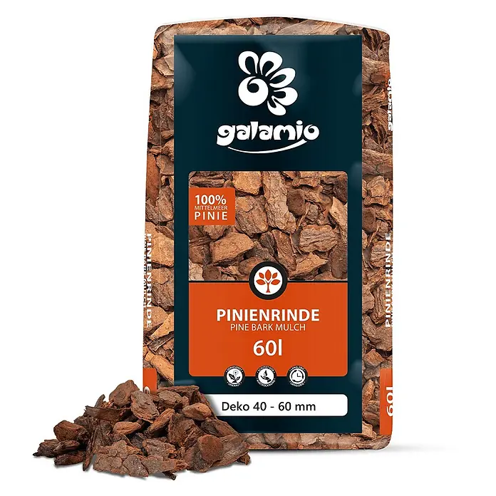 Rindenmulch Pinie Deko 40-60 mm 60l x 39 Sack 2340l Palette -  - Galamio Sack mit 100% Mittelmeer Pinienrinde, braun, Deko 40-60mm, 60L Volumen.