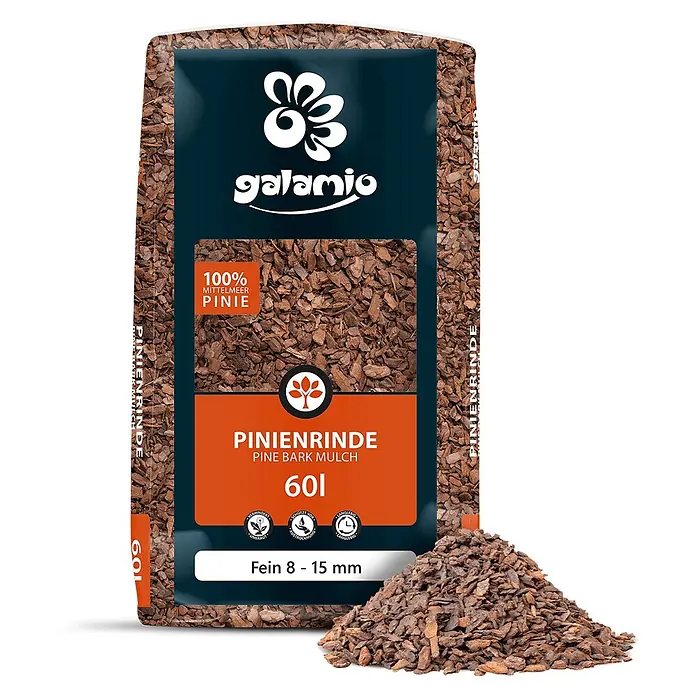 Rindenmulch Pinie Fein 8-15 mm 60l -  - Sack brauner Pinienrinde Mulch (60L, fein 8-15mm) mit einem kleinen Haufen davor.