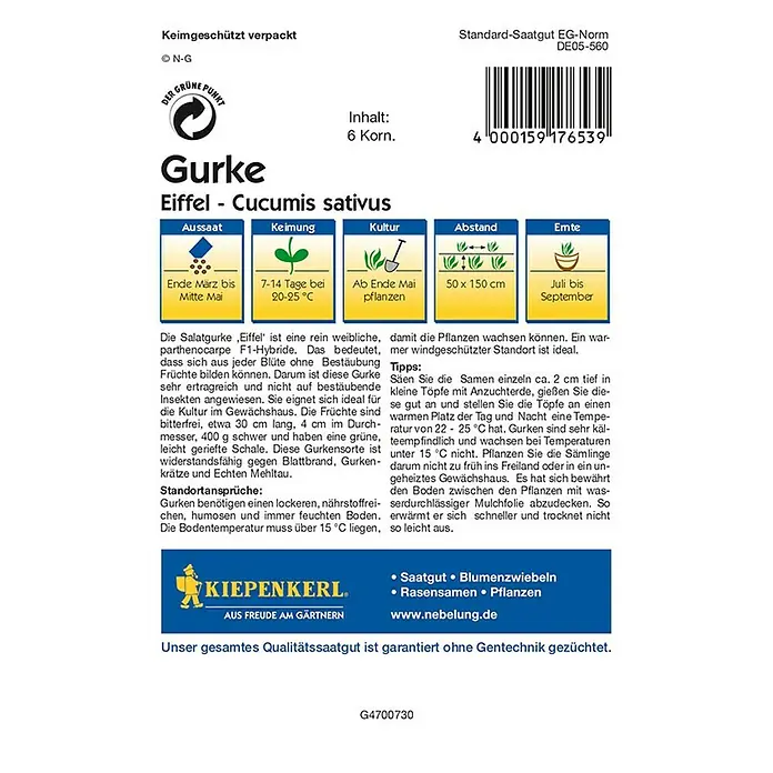Kiepenkerl Gemüsesamen Salatgurke Eiffel - Cucumis sativus, Erntezeit: Juli - Abbildung einer Gurken-Samenpackung der Sorte 'Eiffel' von Kiepenkerl, ideal für den Anbau im eigenen Garten oder Gewächshaus.