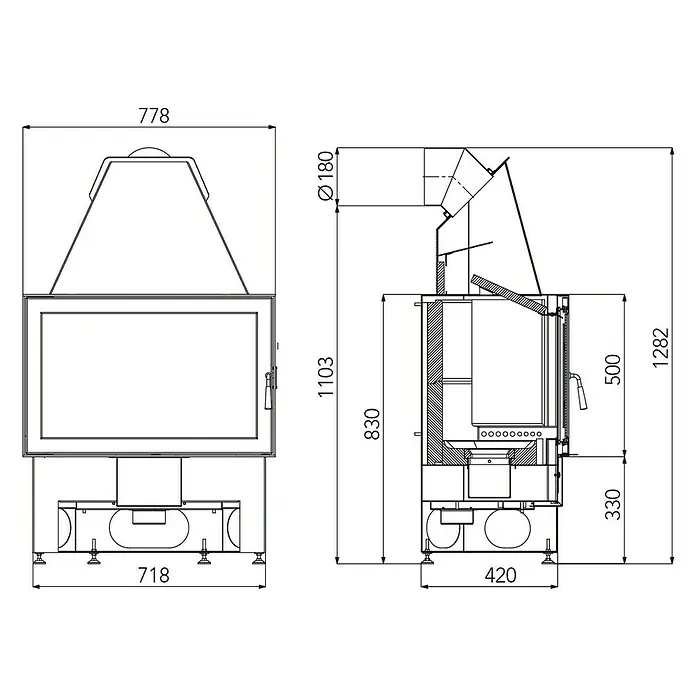 Haas+Sohn Kaminbausatz Arlberg - 8 kW, Raumheizvermögen: 200 m³, Unbehandelt - Technische Zeichnung des Kamins mit allen Maßen.
