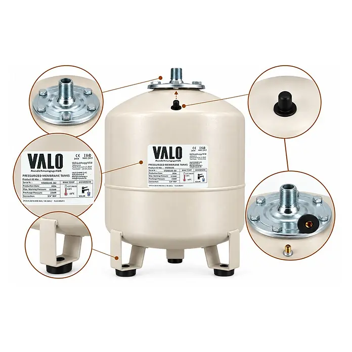 Valo Ausdehnungsgefäß - 36 l - Beiger VALO Druckausdehnungsbehälter mit Gewindeanschluss, Luftventil und Spezifikationen für Solar- und Heizsysteme.