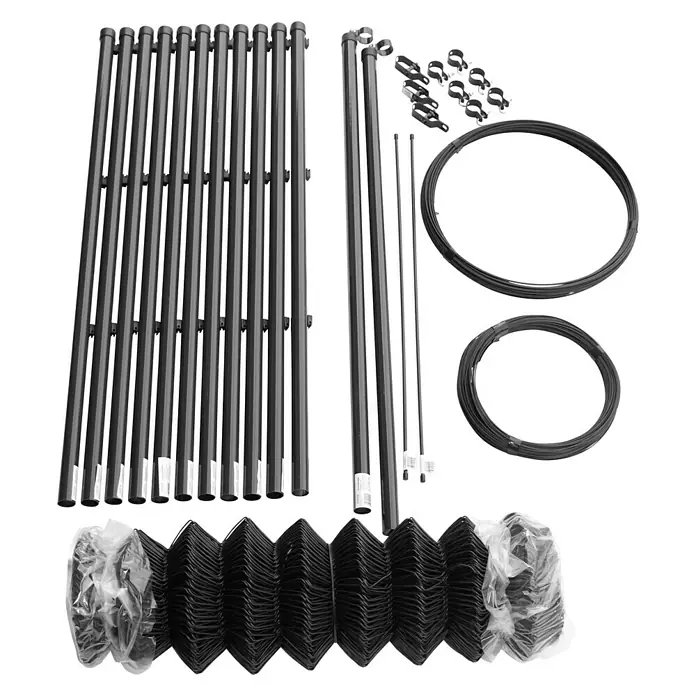 Hadra Maschendrahtzaun-Set - 25 x 1,5 m, Anthrazit - Ein Sortiment von Gartenzaun-Komponenten, inklusive Gitter, Pfosten, Ringe und Befestigungselemente, für die Installation eines Zauns.