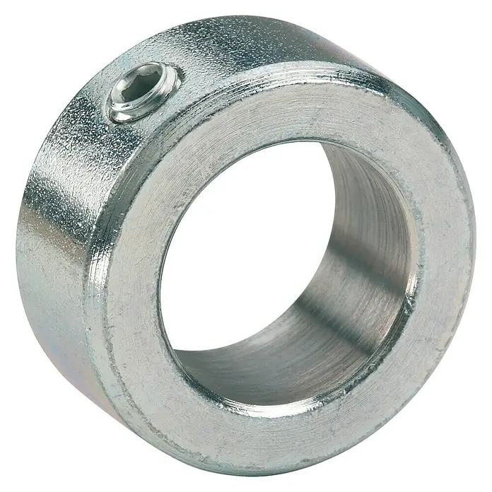 Stabilit Stellring - Geeignet für: Lufträder 12 mm Achsendurchmesser, Durchmesser: 22 mm, Verzinkt - Nahaufnahme einer silbernen Wellenkupplung mit einer Madenschraube zur sicheren Befestigung auf einer Welle. Präzisionsgefertigt für zuverlässige Leistung.