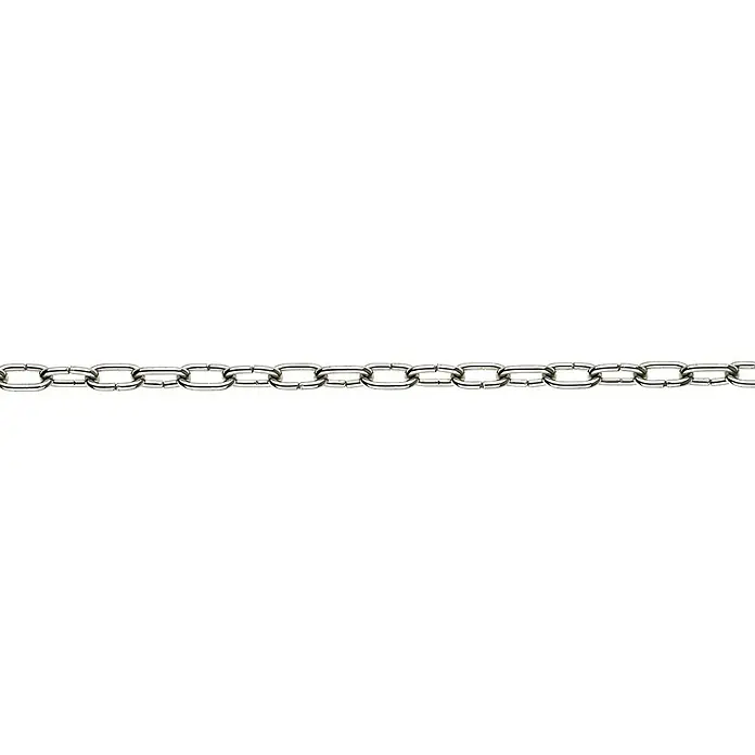 Stabilit Uhrkette Meterware - 1,6 mm, Stahl, Vernickelt - Nahaufnahme einer stilvollen, silbernen Halskette mit rechteckigen Gliedern auf schwarzem Hintergrund.