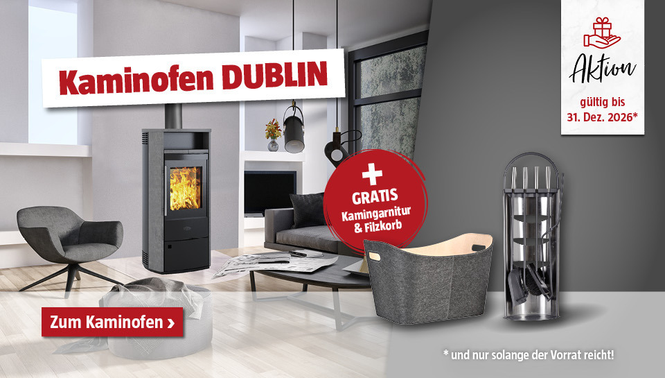 Aktion Kaminofen Dublin mit gratis Kamingarnitur und Filzkorb