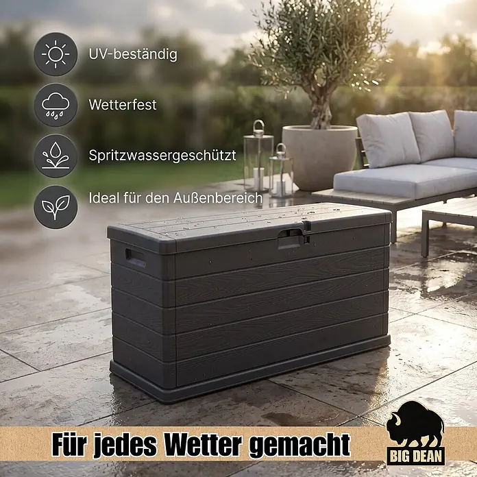 BigDean Kissenbox 210 Liter extra schmal für kleinere Balkone -  - Dunkelgraue, texturierte Outdoor-Aufbewahrungsbox auf nassem Terrassenboden, umgeben von Gartenmöbeln, betont Wetterfestigkeit.