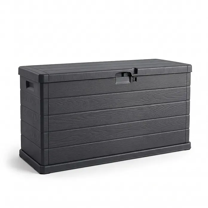 BigDean Kissenbox 210 Liter extra schmal für kleinere Balkone -  - Dunkelgraue Kunststoff-Gartenbox mit Holzmaserung und integrierten Griffen.