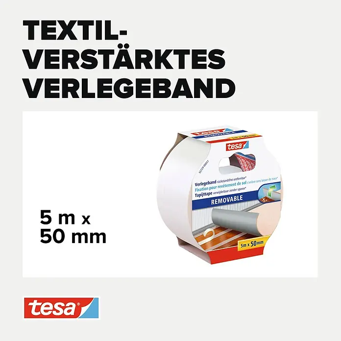 Tesa Doppelseitiges Klebeband - 50 mm x 5 m, Weiß - Textil-verstärktes tesa Verlegeband, rückstandsfrei entfernbar, 5 m x 50 mm.