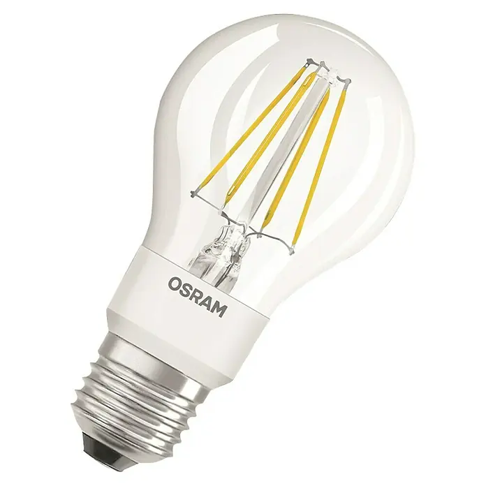 Osram LED-Lampe Glühlampenform E27 klar - E27, Dimmbar, Warmweiß, 750 lm, 7 W - Nahaufnahme einer OSRAM LED-Lampe mit klarem Glaskolben und sichtbaren Filamenten.