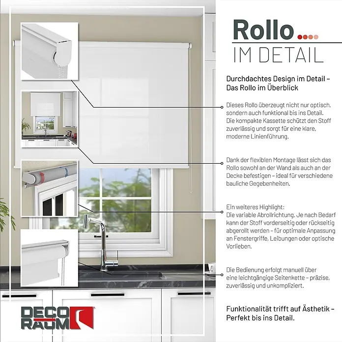 Tageslichtrollo blickdicht Wand und Deckenmontage schwarz 70x220 cm -  - Weißes Rollo im Küchenfenster, mit Detailansichten zu kompakter Kassette, Kettenzug und variabler Abrollrichtung des Stoffes.
