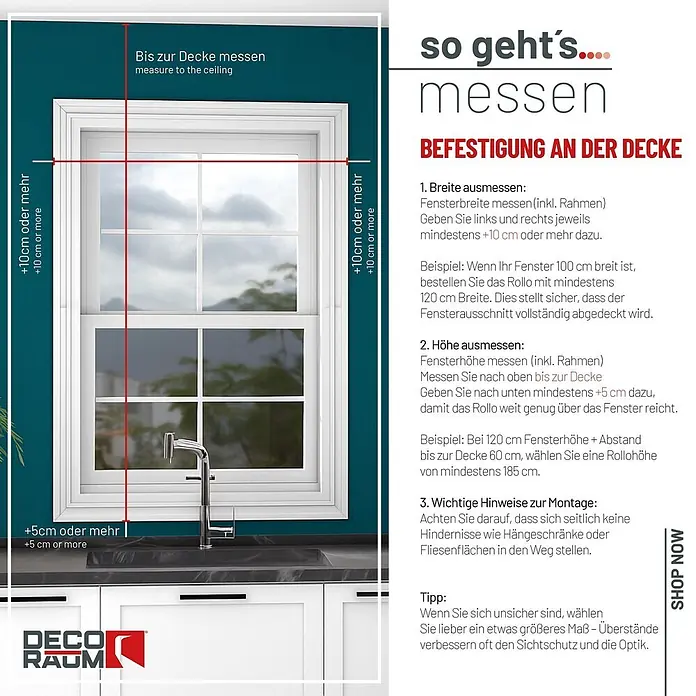 Tageslichtrollo blickdicht Wand und Deckenmontage schwarz 70x220 cm -  - Anleitung zum Ausmessen eines Fensters für Deckenrollos, zeigt Breiten- und Höhenmaße.