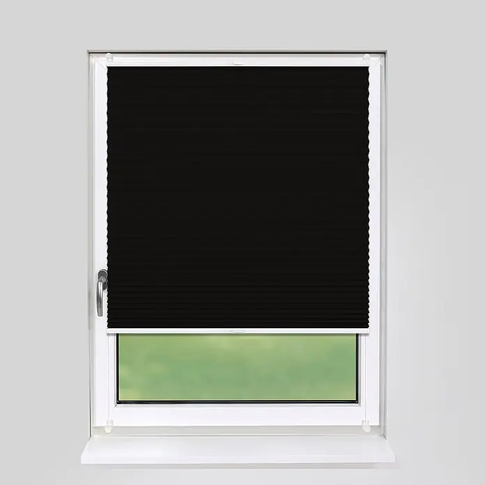 Plissee Klemmfix 110x150 cm schwarz blickdicht ohne Bohren -  - Schwarzes Plissee, das ein weißes Fenster teilweise bedeckt.