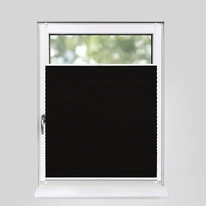 Plissee Klemmfix 110x150 cm schwarz blickdicht ohne Bohren -  - Schwarzes Plissee, die untere Hälfte eines weißen Fensters bedeckend.