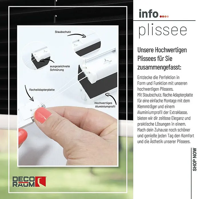 Plissee Klemmfix 110x150 cm schwarz blickdicht ohne Bohren -  - Nahaufnahme des Plissee-Mechanismus bei der Justierung, hervorhebend Staubschutz, flache Adapterplatte, ausgezeichnete Schnürung und hochwertiges Aluminiumprofil.