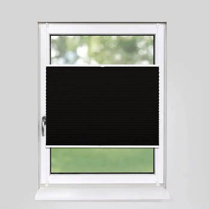 Plissee Klemmfix 110x150 cm schwarz blickdicht ohne Bohren -  - Schwarzes Plissee an einem weißen Fensterrahmen montiert. Bietet flexible Bedienung von oben und unten.