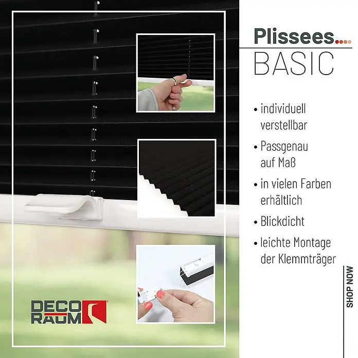 Plissee Klemmfix 110x150 cm schwarz blickdicht ohne Bohren -  - Schwarzes Plissee mit Nahaufnahme des verstellbaren Mechanismus und der Klemmträgermontage.