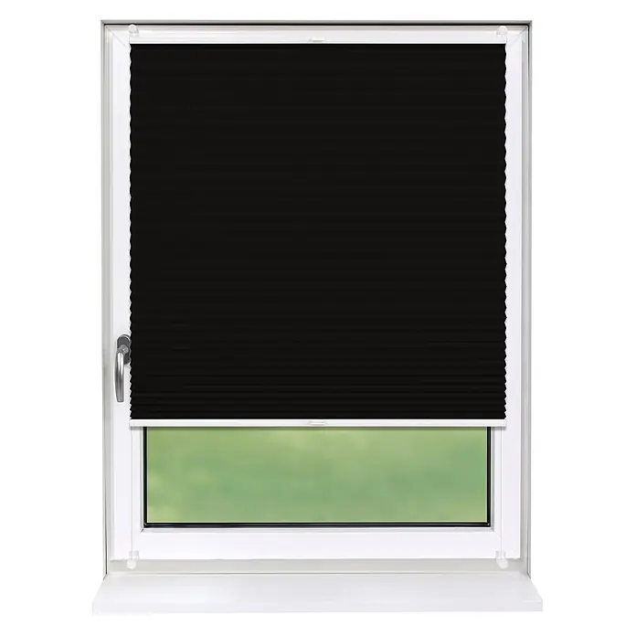 Plissee Klemmfix 110x150 cm schwarz blickdicht ohne Bohren -  - Schwarzes Plissee in weißem Fensterrahmen montiert.