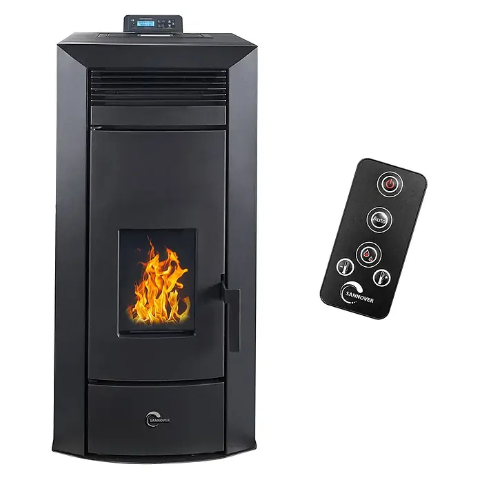 Sannover Hydraulischer Pelletofen Kleona 22,7 kW Schwarz -  - Schwarzer Pelletofen mit sichtbarer Flamme und schwarzer Fernbedienung.