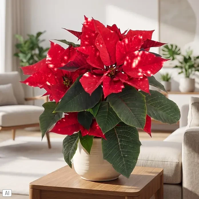 Piardino Weihnachtsstern - Euphorbia pulcherrima 'Sky Fantasy', Topfgröße: 11 cm, Rot mit Sprenkel - Eine leuchtende Poinsettie mit rot-grünen, weiß gesprenkelten Blättern in einem hellen Topf auf einem Holztisch in einem hellen Wohnzimmer.