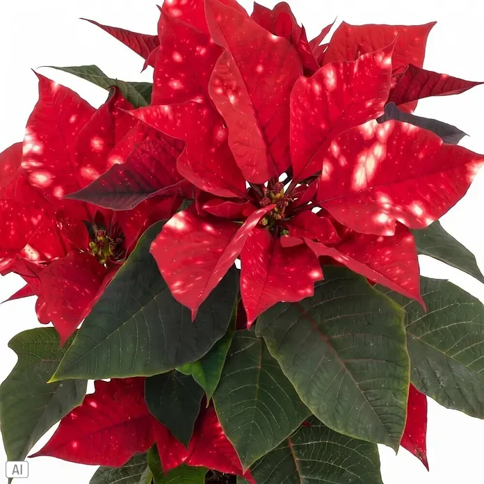 Piardino Weihnachtsstern - Euphorbia pulcherrima 'Sky Fantasy', Topfgröße: 11 cm, Rot mit Sprenkel - Weihnachtsstern-Pflanze mit leuchtend roten, weiß gesprenkelten Hochblättern und tiefgrünen Blättern.