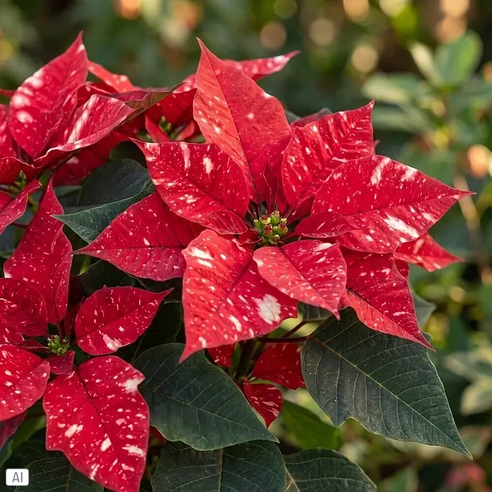 Piardino Weihnachtsstern - Euphorbia pulcherrima 'Sky Fantasy', Topfgröße: 11 cm, Rot mit Sprenkel - Leuchtend rote Poinsettie mit weißen Sprenkeln auf den Hochblättern und dunkelgrünen Blättern.
