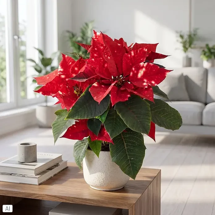 Piardino Weihnachtsstern - Euphorbia pulcherrima 'Sky Fantasy', Topfgröße: 11 cm, Rot mit Sprenkel - Weihnachtssternpflanze mit rot-grün gesprenkelten Blättern in weißem Topf auf Holztisch im Wohnzimmer.