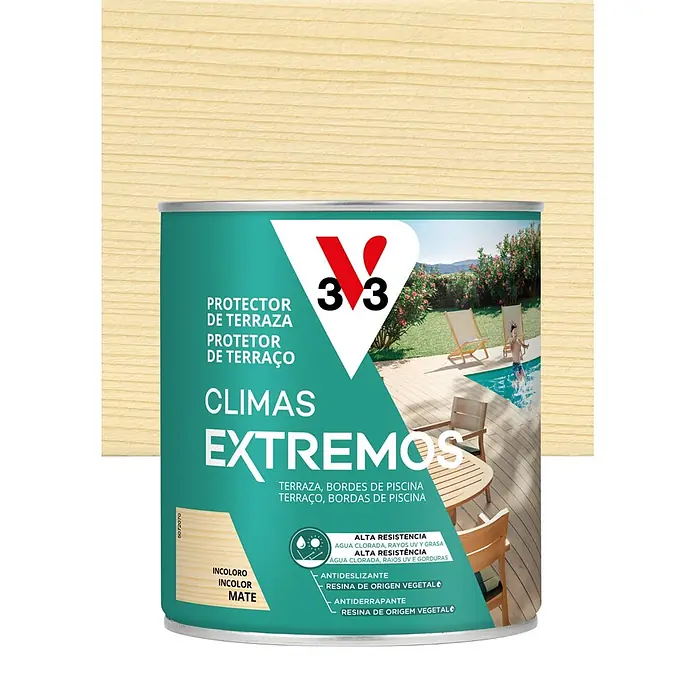 V33 Protección para madera Climas Extremos - Incoloro, 2,5 l, Mate - Bote de protector de madera incoloro mate para terrazas y bordes de piscina, alta resistencia y antideslizante.