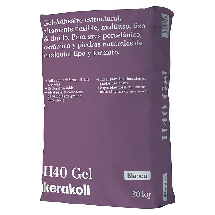 Kerakoll Cemento cola H40 Gel - 20 kg, Blanco - Saco morado de 20 kg de Kerakoll H40 Gel, adhesivo blanco estructural flexible para azulejos.