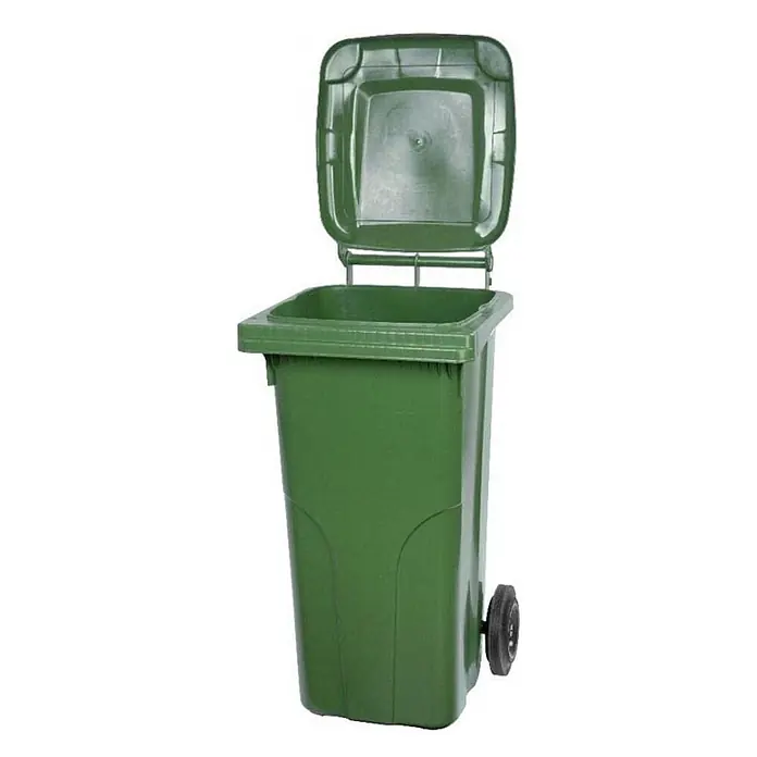 Set 2x PROREGAL 2-Rad-Mülltonne MGB | HDPE-Kunststoff | 120 Liter | Grün -  - Grüne Kunststoff-Mülltonne mit offenem Deckel.